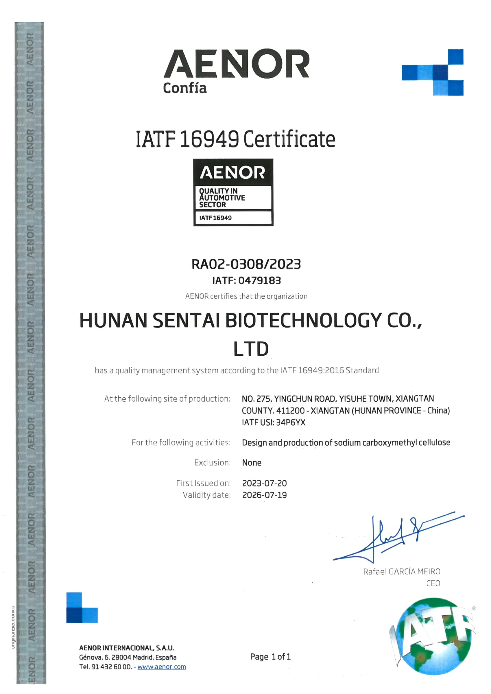 IATF 16949 certificate issued by AENOR to Hunan Sentai Biotechnology Co., Ltd. for the design and production of sodium carboxymethyl cellulose