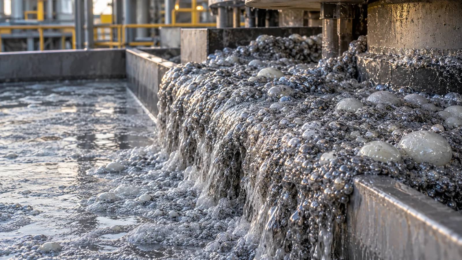 Illustration: grey mineral-laden froth overflowing the lip of a flotation cell in a concentrator