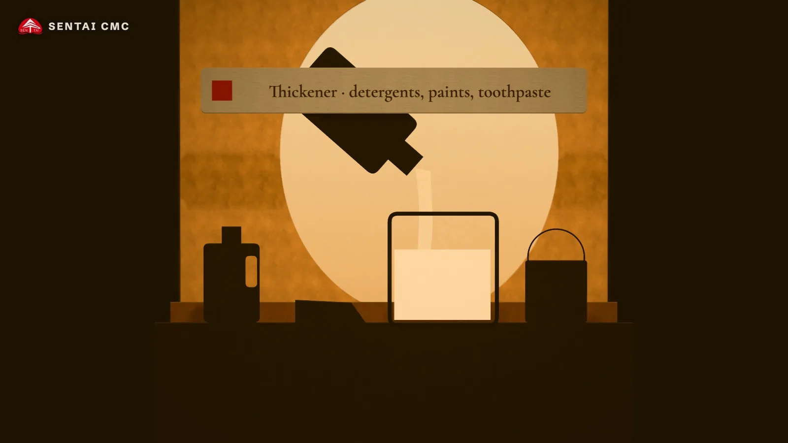 Still from Sentai's paper-cut lightbox film: a thick ribbon of liquid pouring into a jar beside the paper label Thickener