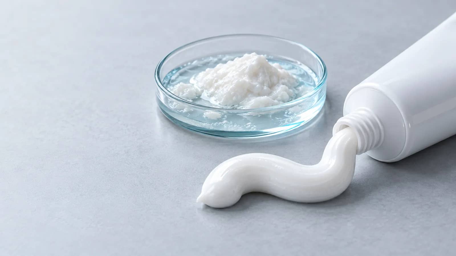 Illustration: a white toothpaste ribbon beside a dish of separated toothpaste with clear liquid pooling around it